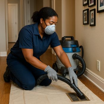 Technician cleaning air duct